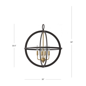 3 light globe Verona pendant in brass cluster dimensions.