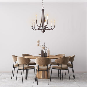 9 light Eden Tiered Chandelier hug above a round dining room table.