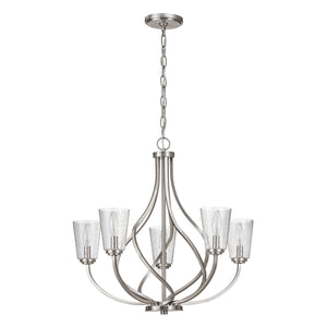 5 light Alloy Ribbons chandelier with clear seeded glass shades unlit.