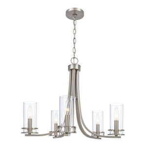 5 Light Devonshire chandelier in brushed nickel finish lit.