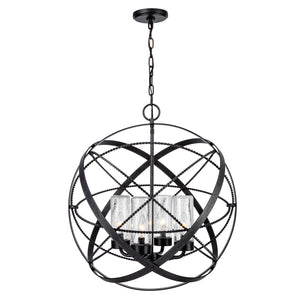 Tabgled Iron outdoor globe chandelier lit.