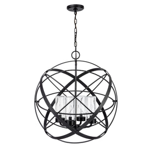 Tabgled Iron outdoor globe chandelier unlit.