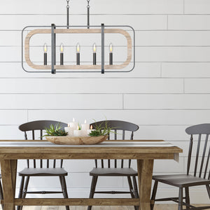 5 Light linear Woodland chandelier above a dining room table.