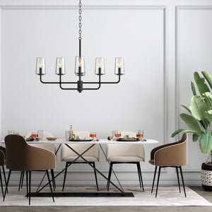 6 light Corfe Castle linear chandelier above a long dining table. 