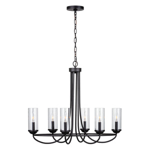 6 light Provincial chandelier with clear glass shades lit.