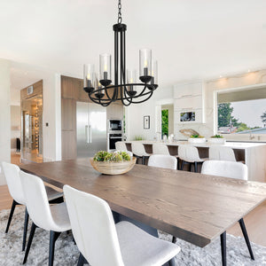 Provincial 6 Light shaded chandelier over dining room in a modern kitchen..