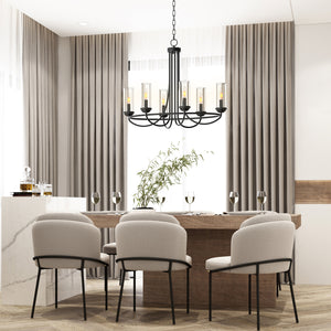 Provincial 6 Light shaded chandelier above a sophisticated living room dining table.