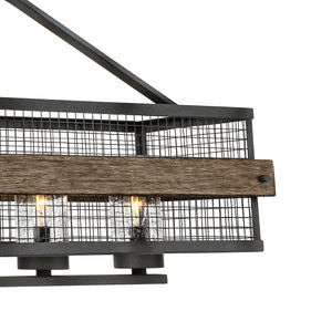 Barnwood linear outdoor chandelier zoomed in view.