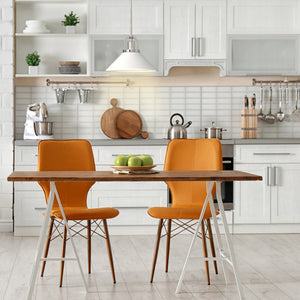 Tula cone pendant with etched shade hung in kitchen above dining table.