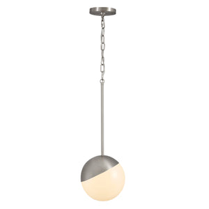 Brushed nickel Milan pendant light lit.