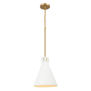 Conic white cone pendant light lit.