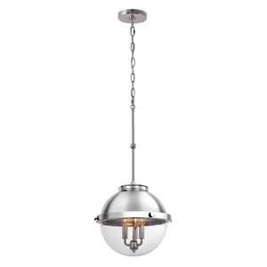 Chambery polished nickel pendant light lit.