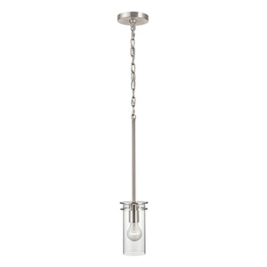 Devonshire cylinder pendant light in brushed nickel lit.