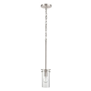 Devonshire cylinder pendant light in brushed nickel unlit.