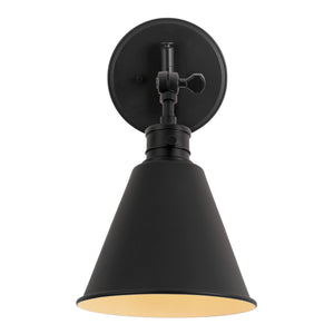 Moti armed metal wall sconce in matte black finish lit.