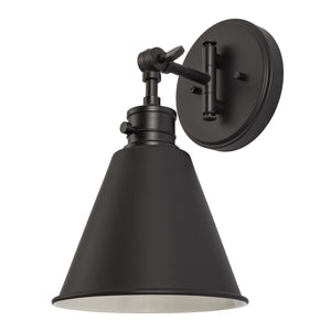 Moti armed metal wall sconce in matte black finish unlit.