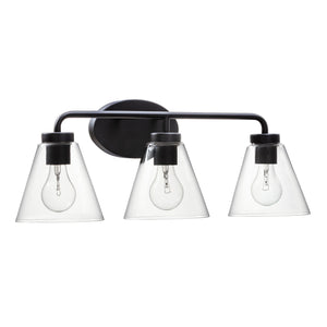 Regis vanity light in matte black with clear shade unlit.