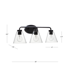 Regis vanity light in matte black with clear shade dimensions.