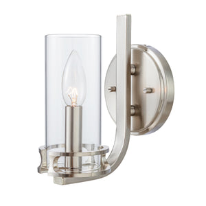 Devonshire bathroom sconce in brushed nickel lit.