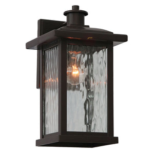 Ashburn medium outdoor light lit.